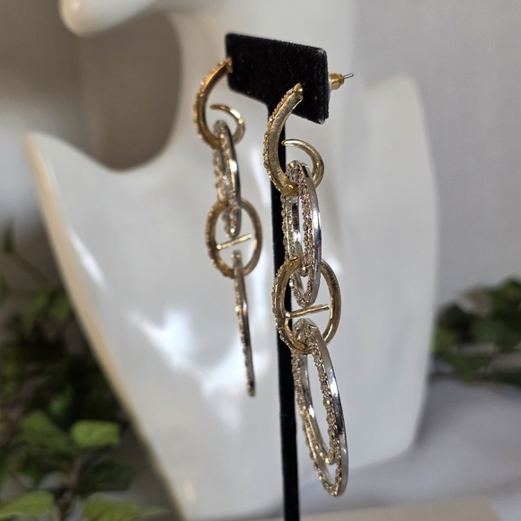 Long Statement Gold And Silver Oval Drop Glam Earrings - Picture 7 of 9